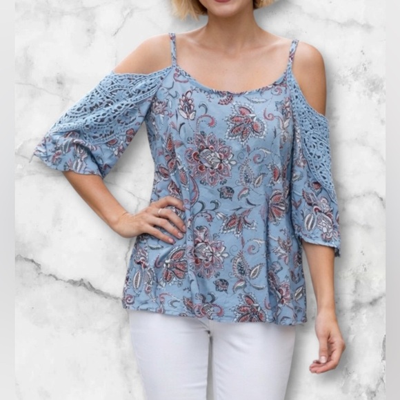 Xhilaration Cold Shoulder Boho Top Lace Crochet Bell 3/4 Sleeve Blue Size L - Picture 5 of 11